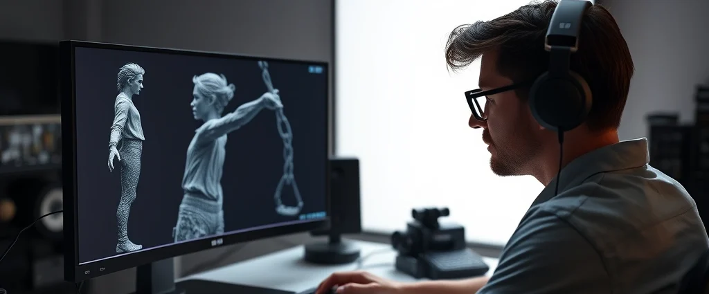 Professional 3D artist working at dual monitors with complex character model displayed, studio lighting, photorealistic rendering visible on screens