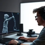 Professional 3D artist working at dual monitors with complex character model displayed, studio lighting, photorealistic rendering visible on screens