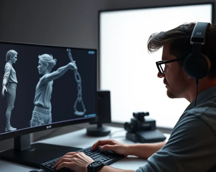 Professional 3D artist working at dual monitors with complex character model displayed, studio lighting, photorealistic rendering visible on screens