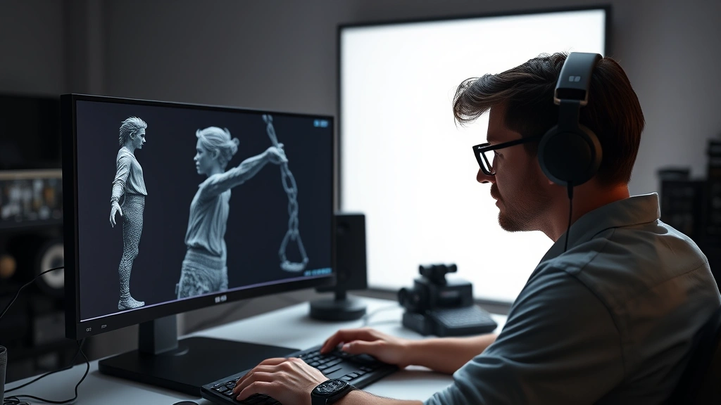 Professional 3D artist working at dual monitors with complex character model displayed, studio lighting, photorealistic rendering visible on screens