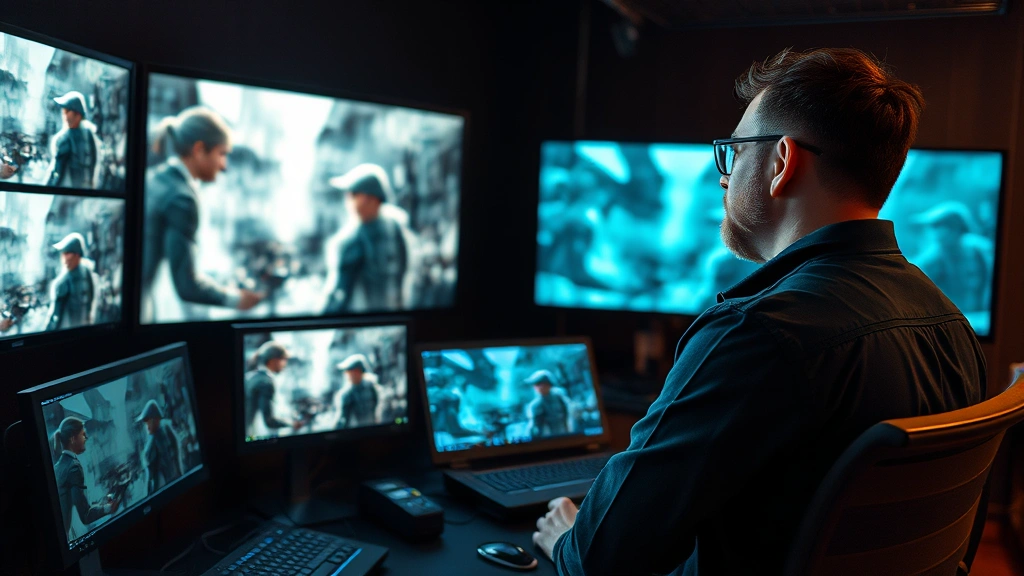 Visual effects supervisor reviewing rendered character footage in color grading suite, multiple professional displays showing digital character compositing, professional post-production environment