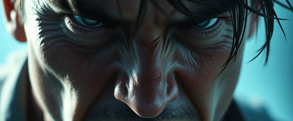 Close-up of a character's intense facial expression showing determination and exhaustion, photorealistic style with cool color grading, dramatic lighting on face
