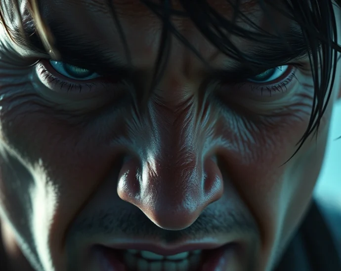 Close-up of a character's intense facial expression showing determination and exhaustion, photorealistic style with cool color grading, dramatic lighting on face