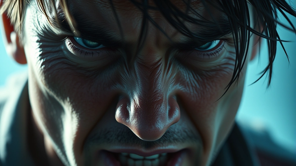 Close-up of a character's intense facial expression showing determination and exhaustion, photorealistic style with cool color grading, dramatic lighting on face