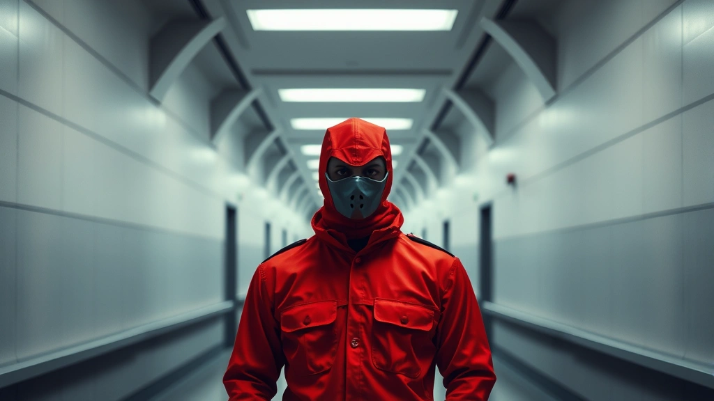 Geometric masked guard figure in red uniform standing in stark institutional corridor with geometric architecture and harsh overhead lighting, minimalist aesthetic