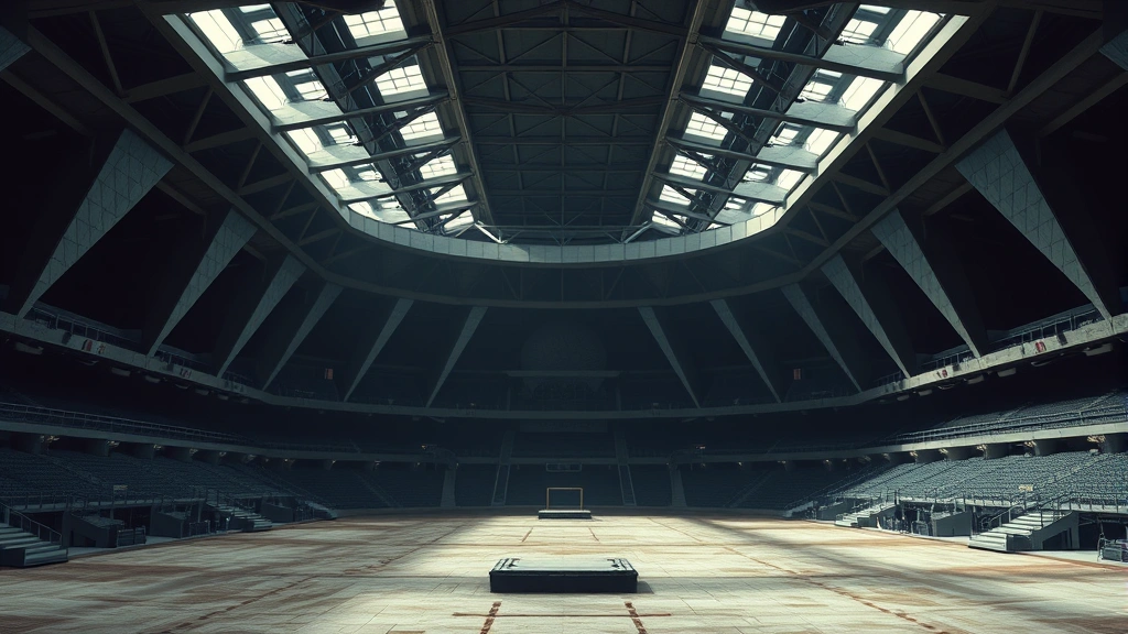 Wide shot of massive game arena with geometric structures, desaturated cool tones, dramatic perspective showing architectural scale and isolation