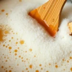 Close-up of golden amber caramel bubbling vigorously as baking soda is stirred in, creating dramatic foam and honeycomb texture formation in a stainless steel saucepan with wooden spoon