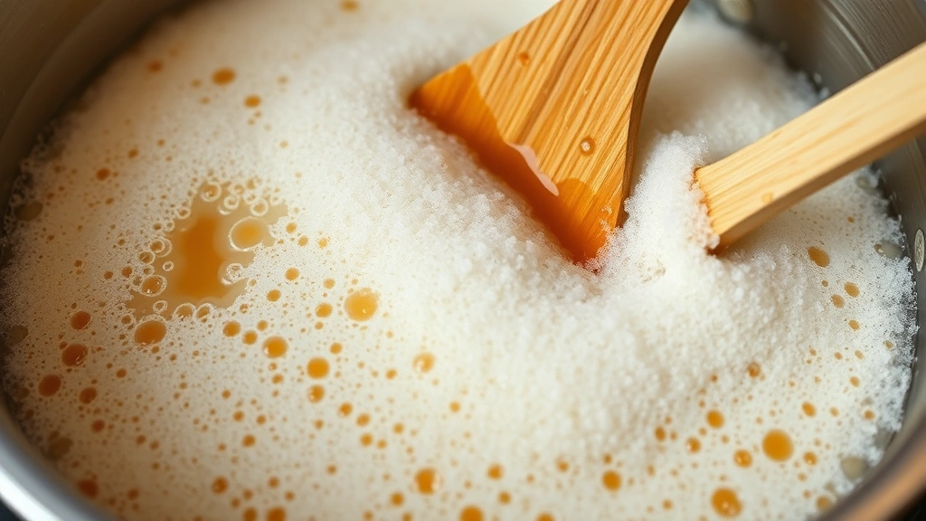 Close-up of golden amber caramel bubbling vigorously as baking soda is stirred in, creating dramatic foam and honeycomb texture formation in a stainless steel saucepan with wooden spoon