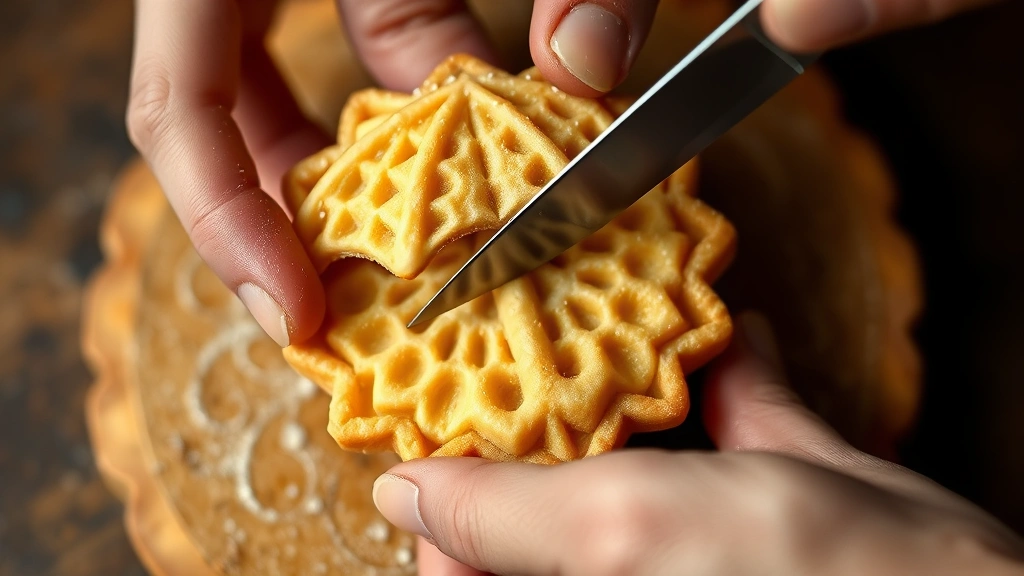 Hands carefully carving an umbrella shape into a cooled golden Dalgona cookie using a sharp knife with precision, showing the delicate carving technique and the cookie's porous honeycomb structure in detail