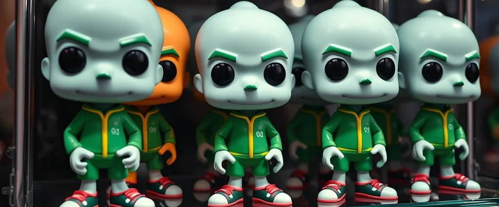 Close-up of colorful Squid Game Funko Pop vinyl figures displayed on glass shelving, showing detailed character faces and green tracksuit outfits, professional photography studio lighting