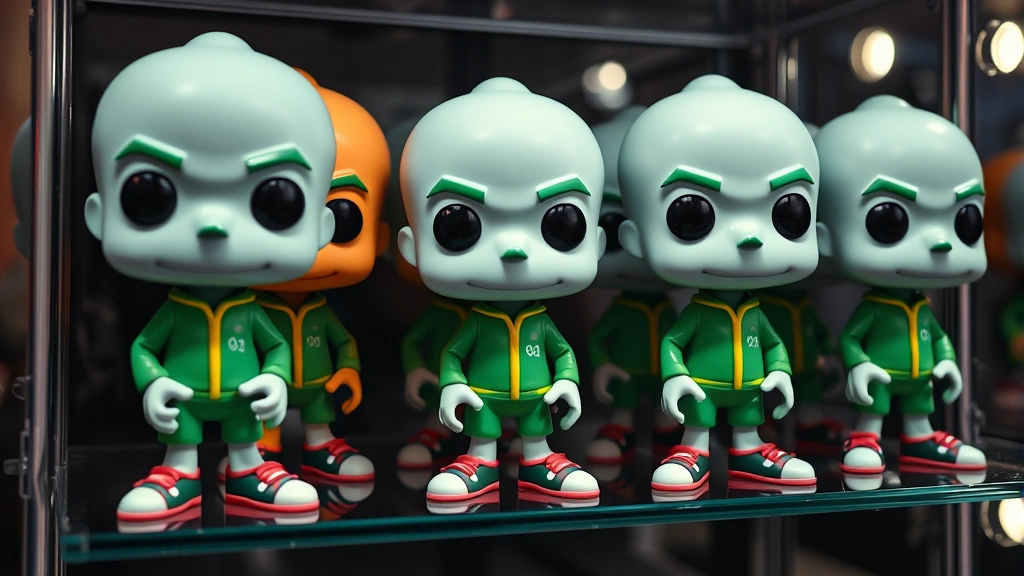 Close-up of colorful Squid Game Funko Pop vinyl figures displayed on glass shelving, showing detailed character faces and green tracksuit outfits, professional photography studio lighting