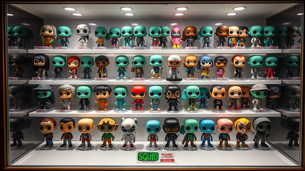 Collector's display case containing mint condition Squid Game Funko Pop figures arranged in groups by character type, museum-quality presentation with professional backlighting and glass protection