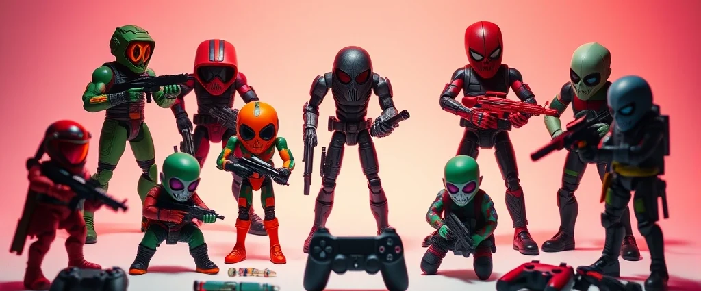 Professional product photography of colorful collectible toys inspired by deadly games, arranged on white minimalist background with dramatic red and green lighting, photorealistic high detail