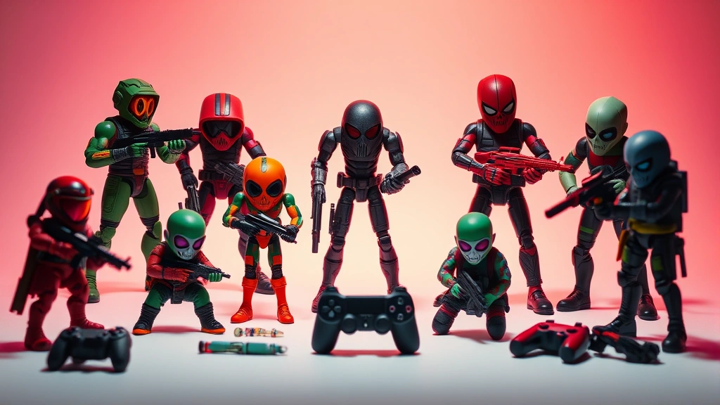 Professional product photography of colorful collectible toys inspired by deadly games, arranged on white minimalist background with dramatic red and green lighting, photorealistic high detail