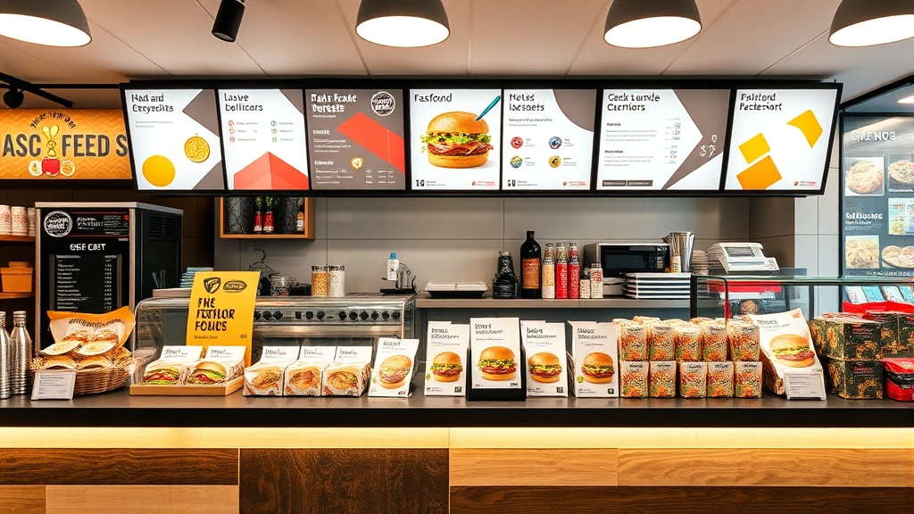 Fast food restaurant counter display with themed promotional materials and packaging featuring geometric shapes and bold typography, modern minimalist aesthetic, professional retail photography
