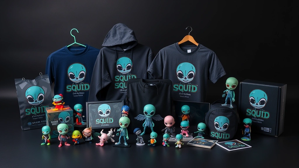 Collection of official Squid Game merchandise including figurines, apparel, and collectibles arranged artistically on dark surface with studio lighting, premium product photography style