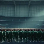 A tense moment in a massive, sterile concrete arena with hundreds of players wearing green tracksuits standing in formation, minimalist composition emphasizing scale and powerlessness, dramatic lighting casting long shadows, photorealistic, no text or UI elements