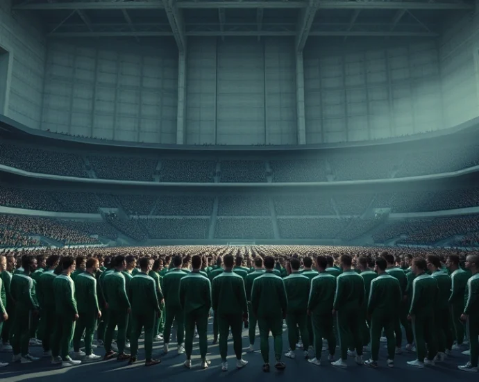 A tense moment in a massive, sterile concrete arena with hundreds of players wearing green tracksuits standing in formation, minimalist composition emphasizing scale and powerlessness, dramatic lighting casting long shadows, photorealistic, no text or UI elements