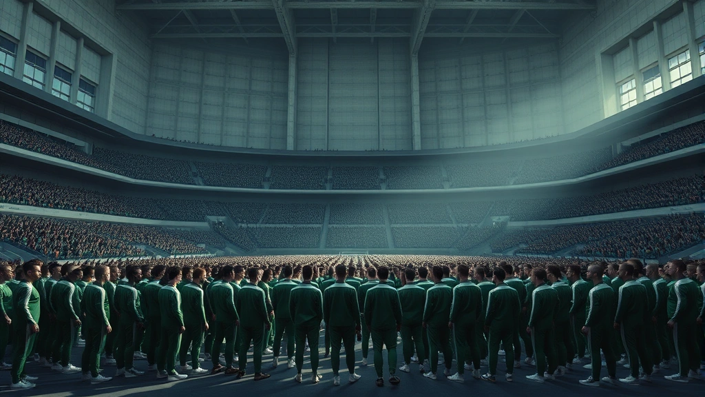 A tense moment in a massive, sterile concrete arena with hundreds of players wearing green tracksuits standing in formation, minimalist composition emphasizing scale and powerlessness, dramatic lighting casting long shadows, photorealistic, no text or UI elements