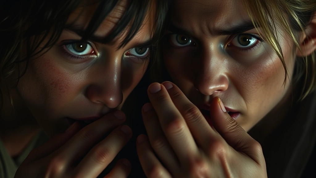 Close-up of two characters showing raw emotional vulnerability and fear, hands trembling, eyes wide with desperation, intimate framing highlighting human connection before inevitable betrayal, photorealistic cinematic lighting, no visible game elements or text