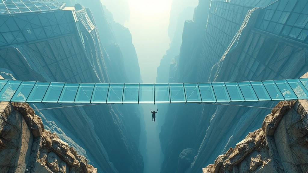 Overhead wide shot of an impossibly tall glass bridge structure spanning across an enormous void, geometric and architectural focus, players as tiny figures attempting to cross, emphasizing mathematical probability and human insignificance, photorealistic perspective, no UI or game menus visible