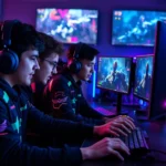 Competitive gamers playing intense multiplayer game on high-end gaming PC setup with RGB lighting, multiple monitors displaying different game scenes, professional esports environment with headsets and mechanical keyboards