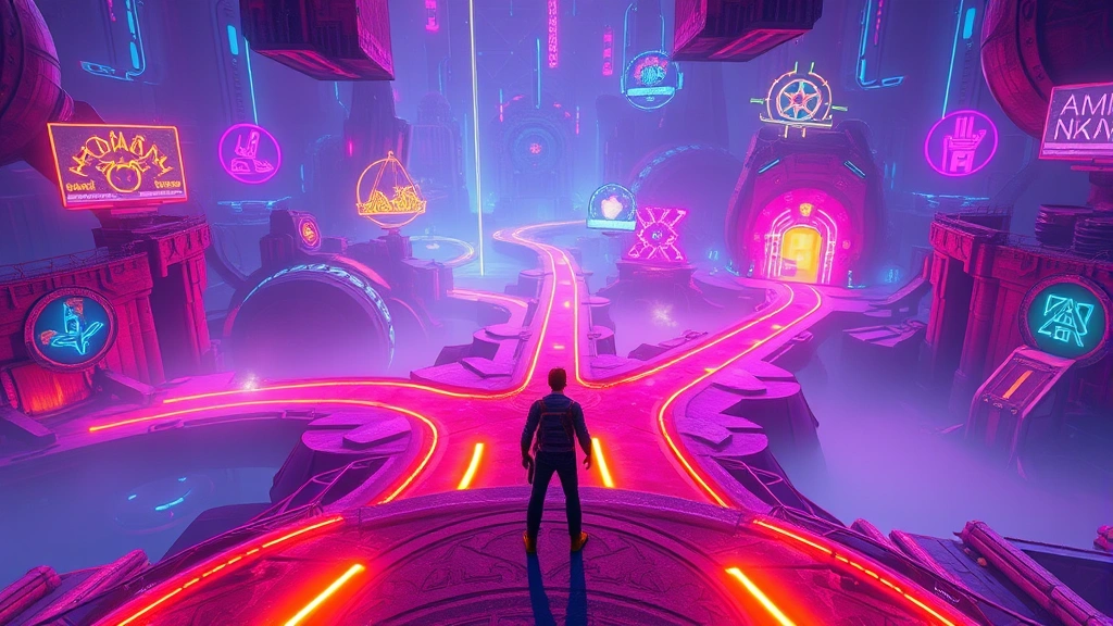 Player character standing at crossroads in vibrant virtual game world, multiple paths leading to different challenges, neon lighting effects, atmospheric gaming environment with depth of field, no UI elements visible