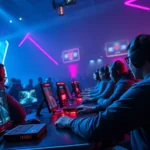 Intense multiplayer gaming tournament with players wearing headsets competing in a digital arena with geometric shapes and neon lighting, photorealistic modern gaming environment, dramatic competitive atmosphere, no UI elements visible