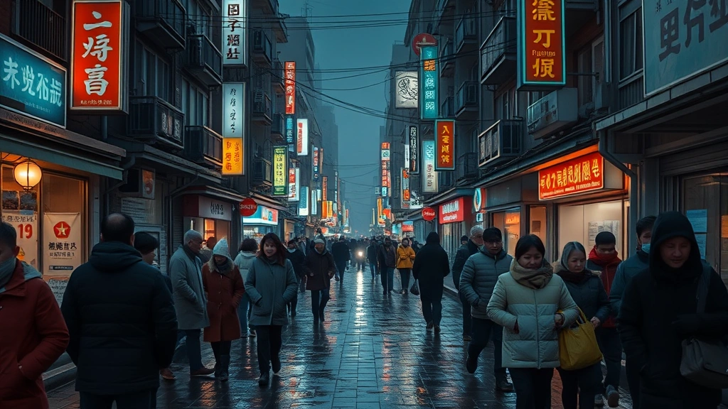 Photorealistic image of a crowded urban street at night with neon signs reflecting off wet pavement, showing ordinary people in winter clothing walking past apartment buildings, conveying urban isolation and economic struggle in a modern Asian city