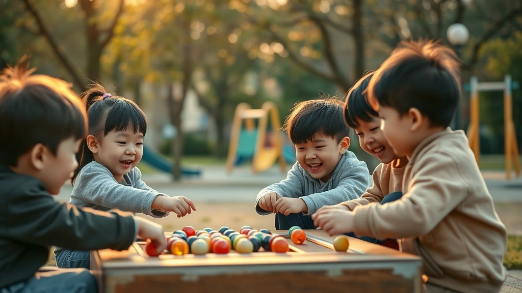 Photorealistic image of children playing traditional Korean games like marbles in an outdoor park, captured in warm golden hour lighting with genuine childhood joy and laughter, trees and playground equipment in soft focus background