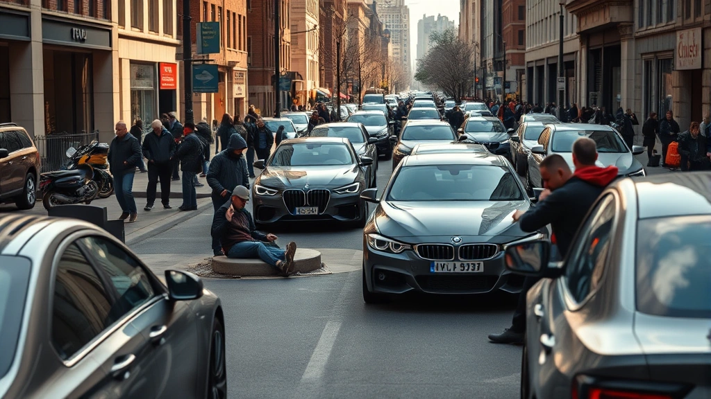 A crowded urban street scene showing economic disparity with luxury cars parked near homeless individuals, depicting wealth inequality, photorealistic, daytime setting