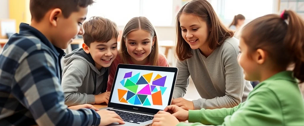 Students collaborating around a laptop playing interactive math game, colorful geometric shapes on screen, bright classroom environment, natural lighting from windows