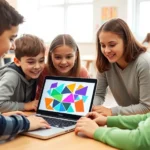 Students collaborating around a laptop playing interactive math game, colorful geometric shapes on screen, bright classroom environment, natural lighting from windows