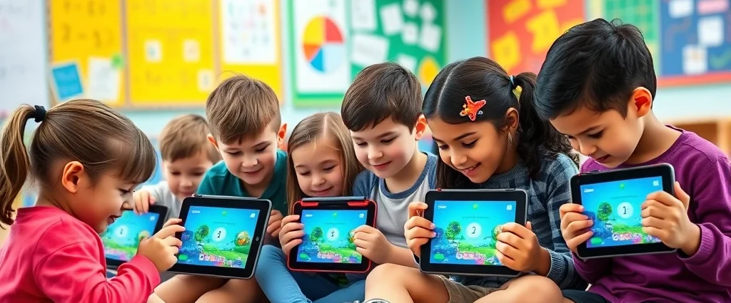 Elementary school students enthusiastically playing math games on tablets in a bright, colorful classroom environment with mathematical posters on walls, diverse group of kids concentrating on screens