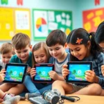 Elementary school students enthusiastically playing math games on tablets in a bright, colorful classroom environment with mathematical posters on walls, diverse group of kids concentrating on screens