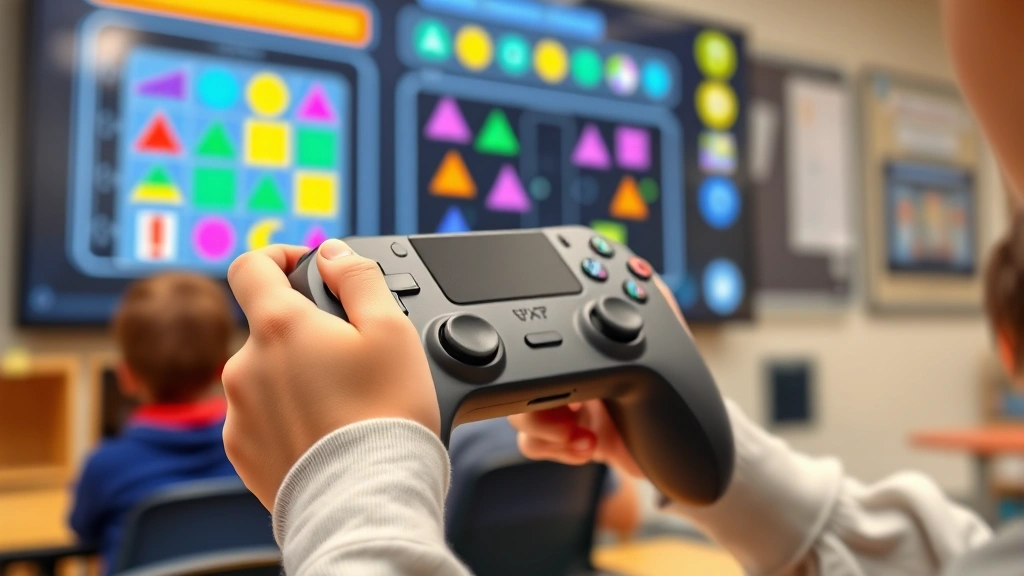 Close-up of a child's hands holding a gaming controller while solving visual math puzzles on a large classroom display screen, showing spatial reasoning game interface with colorful geometric shapes