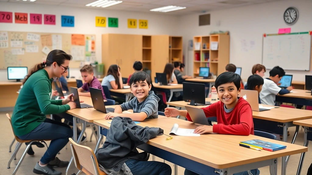 Diverse classroom of middle school students at individual desks working on math games, teacher monitoring progress, positive expressions, modern educational technology setup