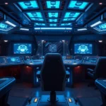 Starship bridge command center with glowing holographic displays and tactical controls, captain's chair in focus, blue ambient lighting, advanced sci-fi technology, cinematic lighting, photorealistic rendering