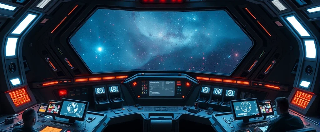 Photorealistic futuristic starship command bridge with glowing holographic displays, multiple crew members at tactical stations, panoramic window showing distant nebula and stars, cinematic lighting, no UI text or menus visible