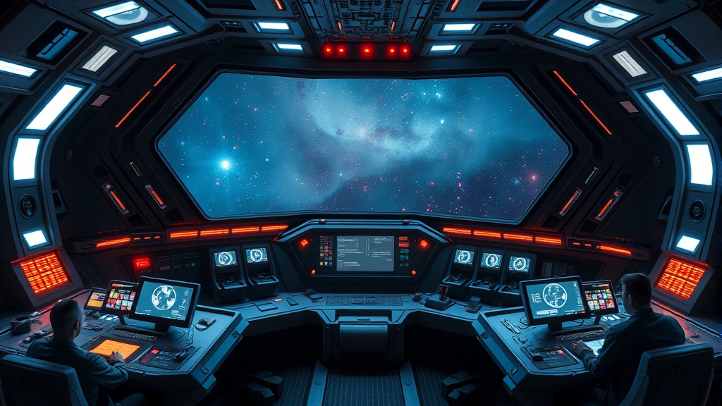 Photorealistic futuristic starship command bridge with glowing holographic displays, multiple crew members at tactical stations, panoramic window showing distant nebula and stars, cinematic lighting, no UI text or menus visible