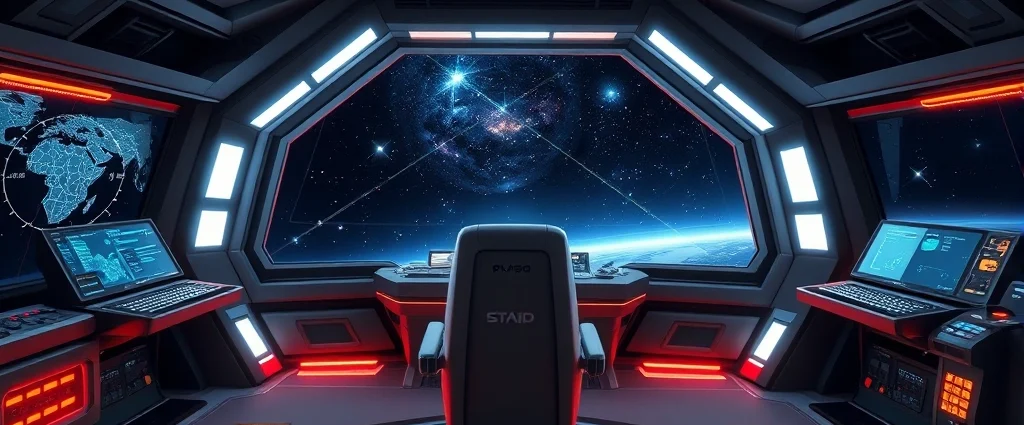 Photorealistic starship bridge with captain's chair, holographic displays showing galaxy map, crew stations with glowing controls, deep space visible through viewport showing distant nebula and stars, cinematic lighting