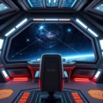 Photorealistic starship bridge with captain's chair, holographic displays showing galaxy map, crew stations with glowing controls, deep space visible through viewport showing distant nebula and stars, cinematic lighting