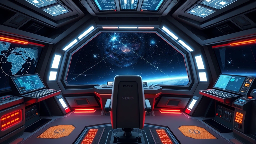 Photorealistic starship bridge with captain's chair, holographic displays showing galaxy map, crew stations with glowing controls, deep space visible through viewport showing distant nebula and stars, cinematic lighting
