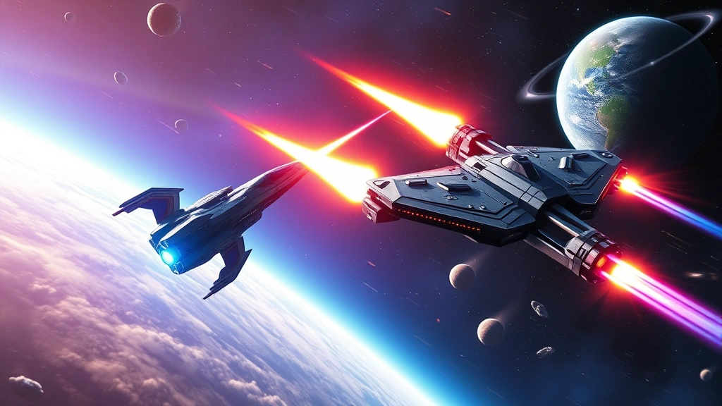 Dynamic space battle scene featuring two advanced starships firing energy weapons at each other, vibrant blue and orange plasma effects, distant planets and asteroids in background, cosmic dust clouds, dramatic action composition, no HUD elements