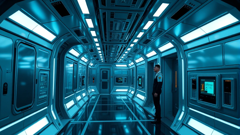 Futuristic starship interior corridor with illuminated panels, sleek metallic walls reflecting blue-white light, advanced technology visible on walls, professional crew uniform visible, realistic sci-fi aesthetic without UI elements