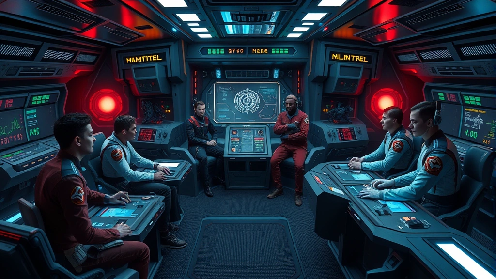 Diverse multiplayer crew communicating on starship bridge during intense combat scenario, warning lights flashing, tactical displays active, teamwork and cooperation visible through body language and positioning