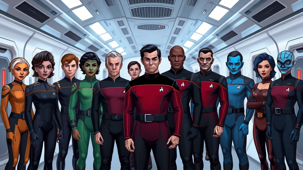 Diverse alien species and human characters standing together in Federation uniform in a sleek sci-fi corridor, confident poses, advanced technology visible in background, professional lighting, inclusive representation, no text or dialogue bubbles