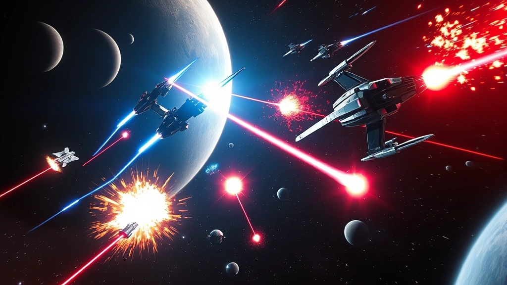 Epic space battle scene showing multiple starships firing energy weapons with brilliant blue and red beam effects, explosions in vacuum, distant planets and nebulae in background, dramatic cinematic composition