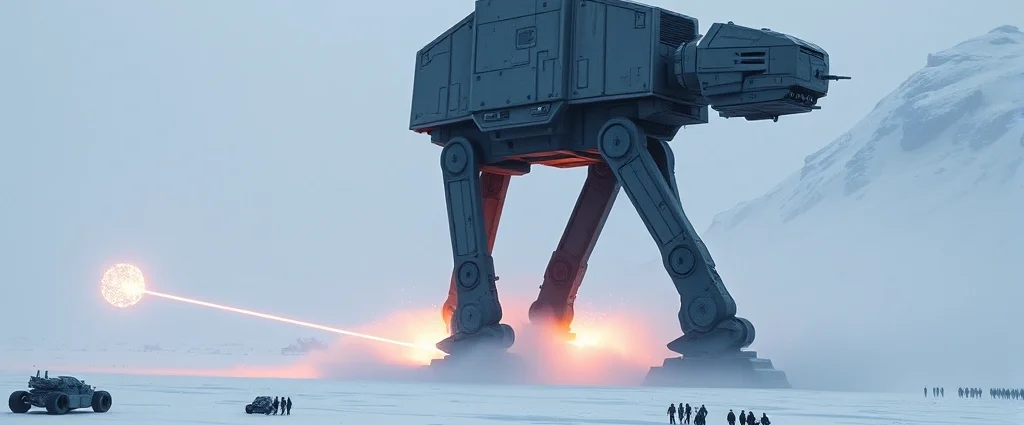 Massive AT-AT walker stomping across snowy battlefield with laser fire erupting around it, cinematic lighting, photorealistic rendering, no HUD or text visible