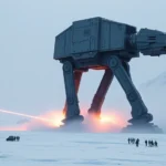 Massive AT-AT walker stomping across snowy battlefield with laser fire erupting around it, cinematic lighting, photorealistic rendering, no HUD or text visible